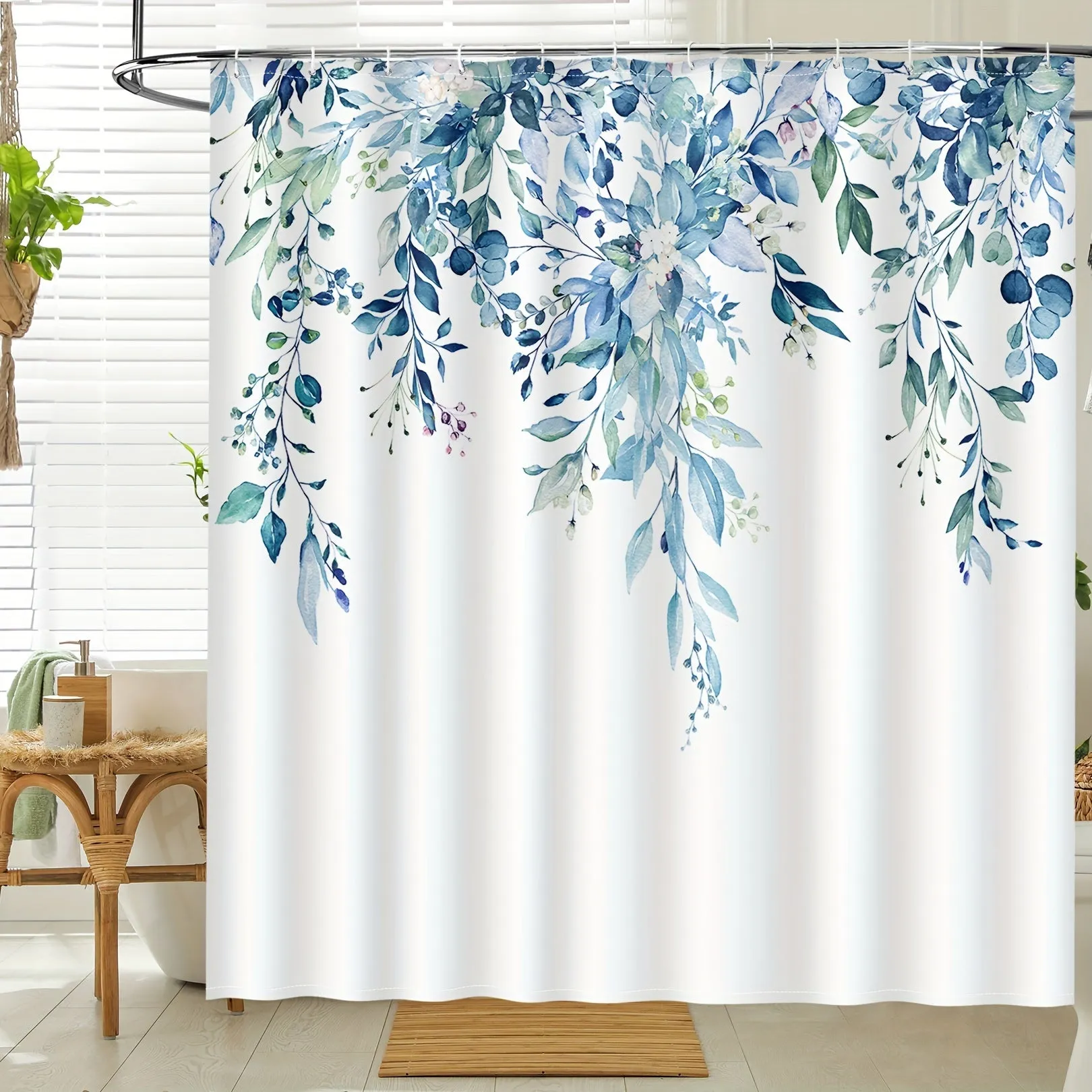 1PC Black eucalyptus patterned shower curtain, made of waterproof polyester fabric, shower curtains for walk in showers, Comes with 12 hooks, bathroom decoration, bathtub partition curtain, 72 x 72 inches