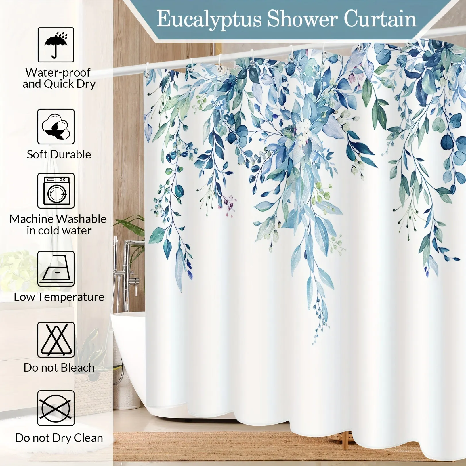 1PC Black eucalyptus patterned shower curtain, made of waterproof polyester fabric, shower curtains for walk in showers, Comes with 12 hooks, bathroom decoration, bathtub partition curtain, 72 x 72 inches