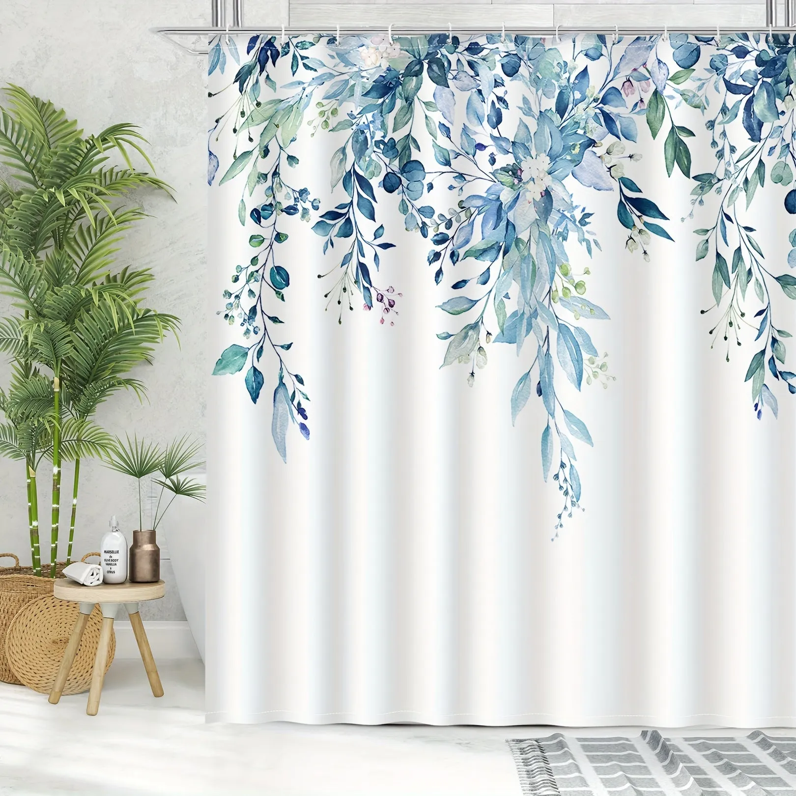 1PC Black eucalyptus patterned shower curtain, made of waterproof polyester fabric, shower curtains for walk in showers, Comes with 12 hooks, bathroom decoration, bathtub partition curtain, 72 x 72 inches