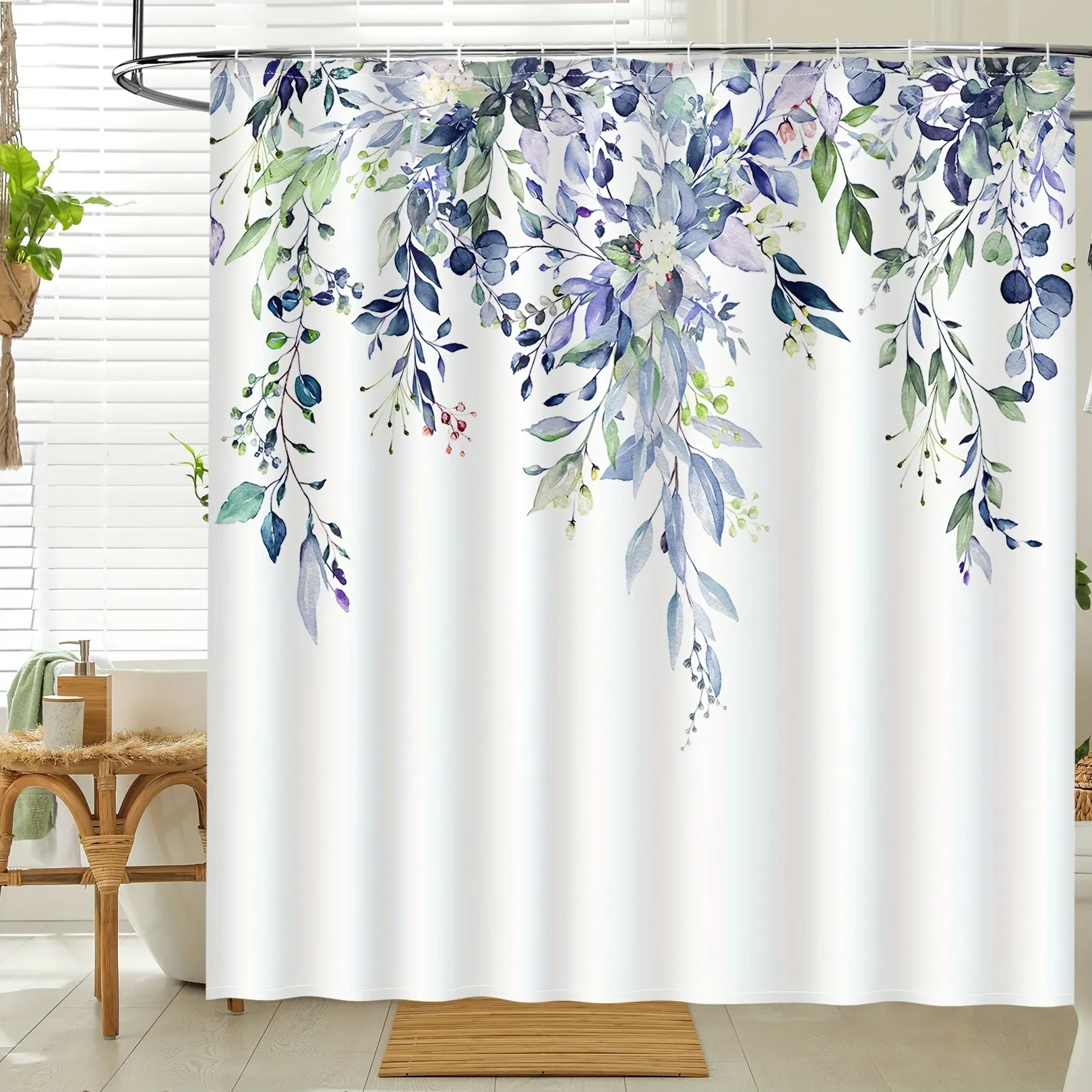 1PC Green Eucalyptus patterned Shower Curtain, made of waterproof polyester fabric, shower curtains for walk in showers, Comes with 12 hooks, bathroom decoration, bathtub partition curtain, 72 x 72 inches, Christmas, Halloween