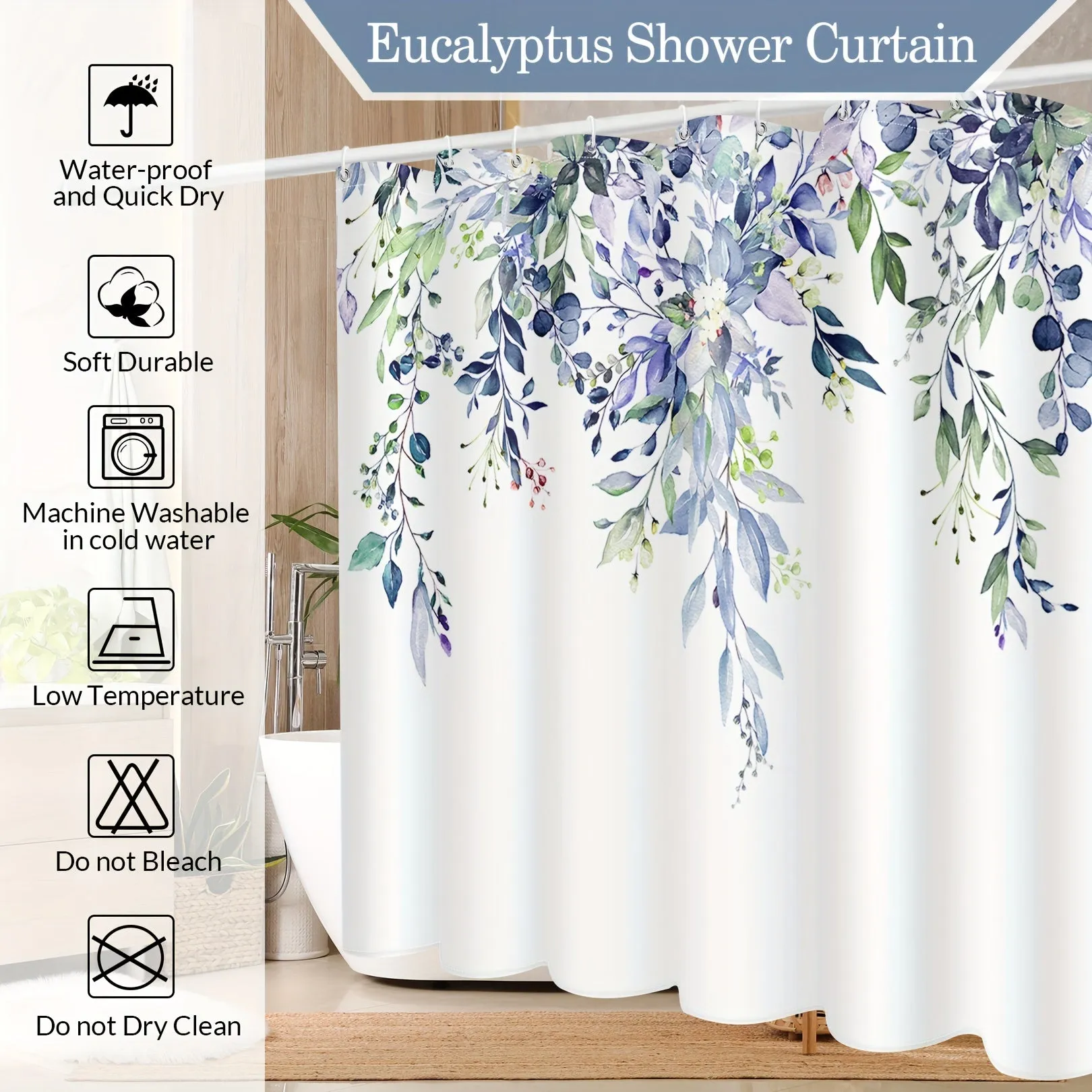 1PC Green Eucalyptus patterned Shower Curtain, made of waterproof polyester fabric, shower curtains for walk in showers, Comes with 12 hooks, bathroom decoration, bathtub partition curtain, 72 x 72 inches, Christmas, Halloween