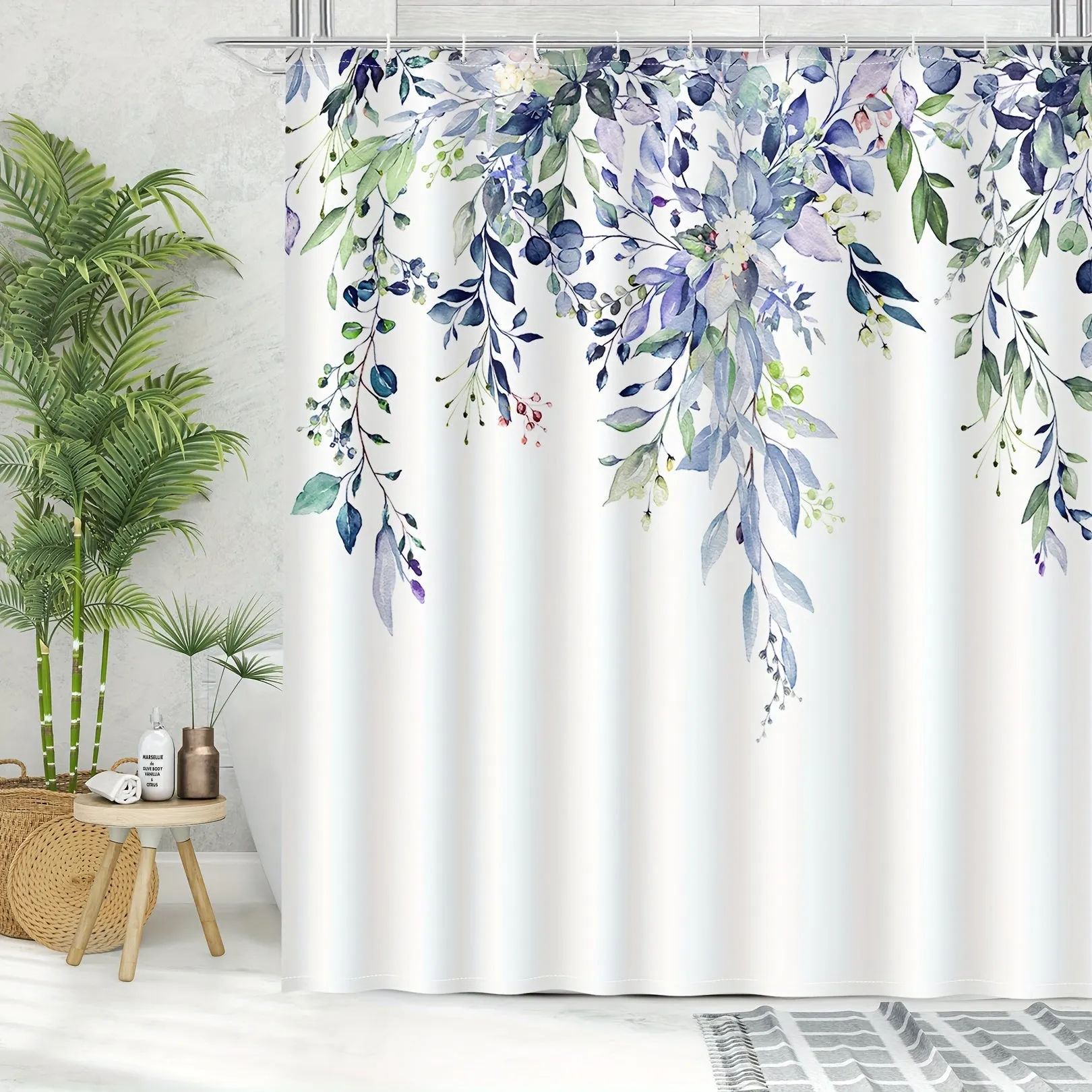 1PC Green Eucalyptus patterned Shower Curtain, made of waterproof polyester fabric, shower curtains for walk in showers, Comes with 12 hooks, bathroom decoration, bathtub partition curtain, 72 x 72 inches, Christmas, Halloween