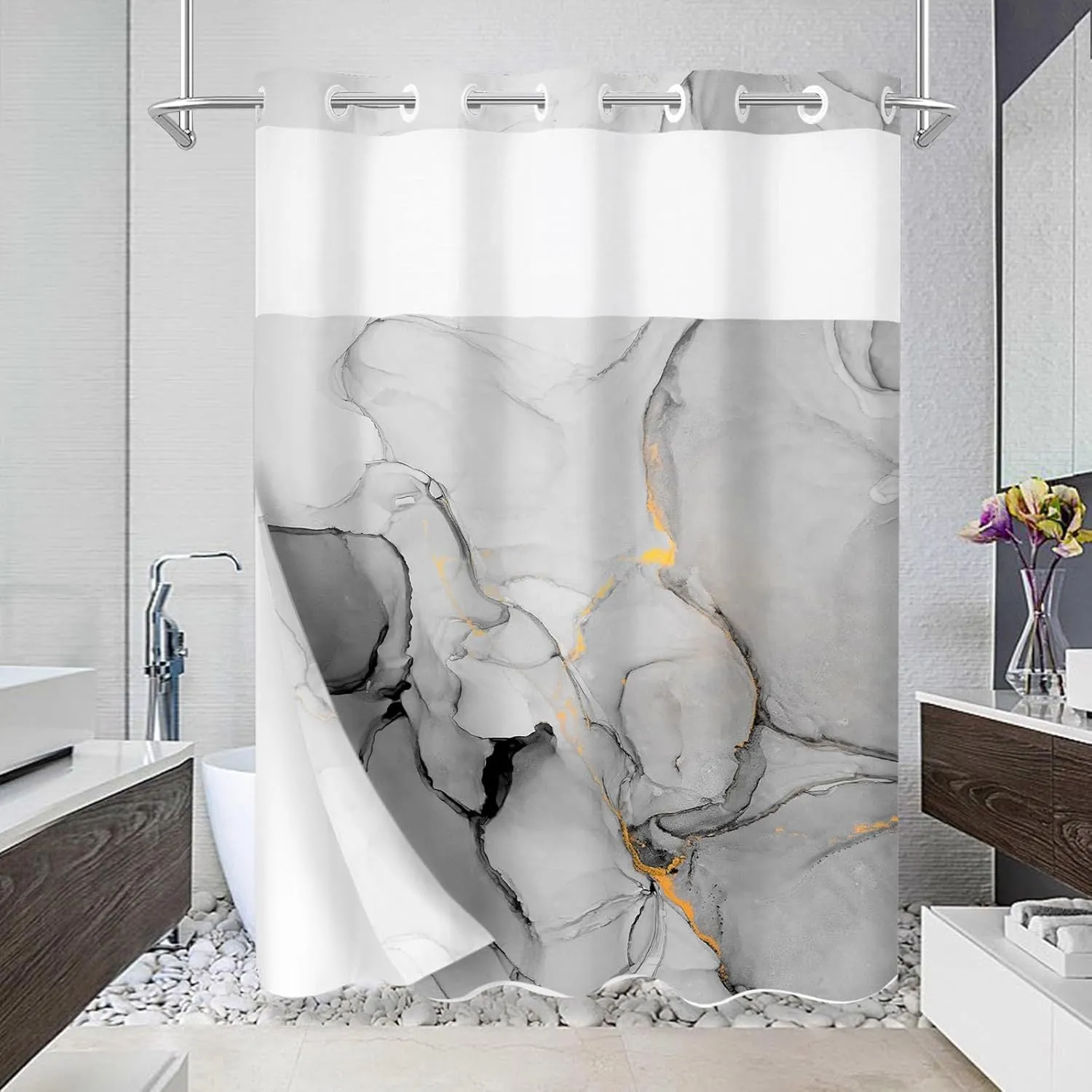 1pc No Hook Marble Shower Curtain with Snap-in Fabric Liner Set for Bathroom, Hotel Style Abstract Modern Shower Curtain with See Through Top Window, Waterproof & Washable