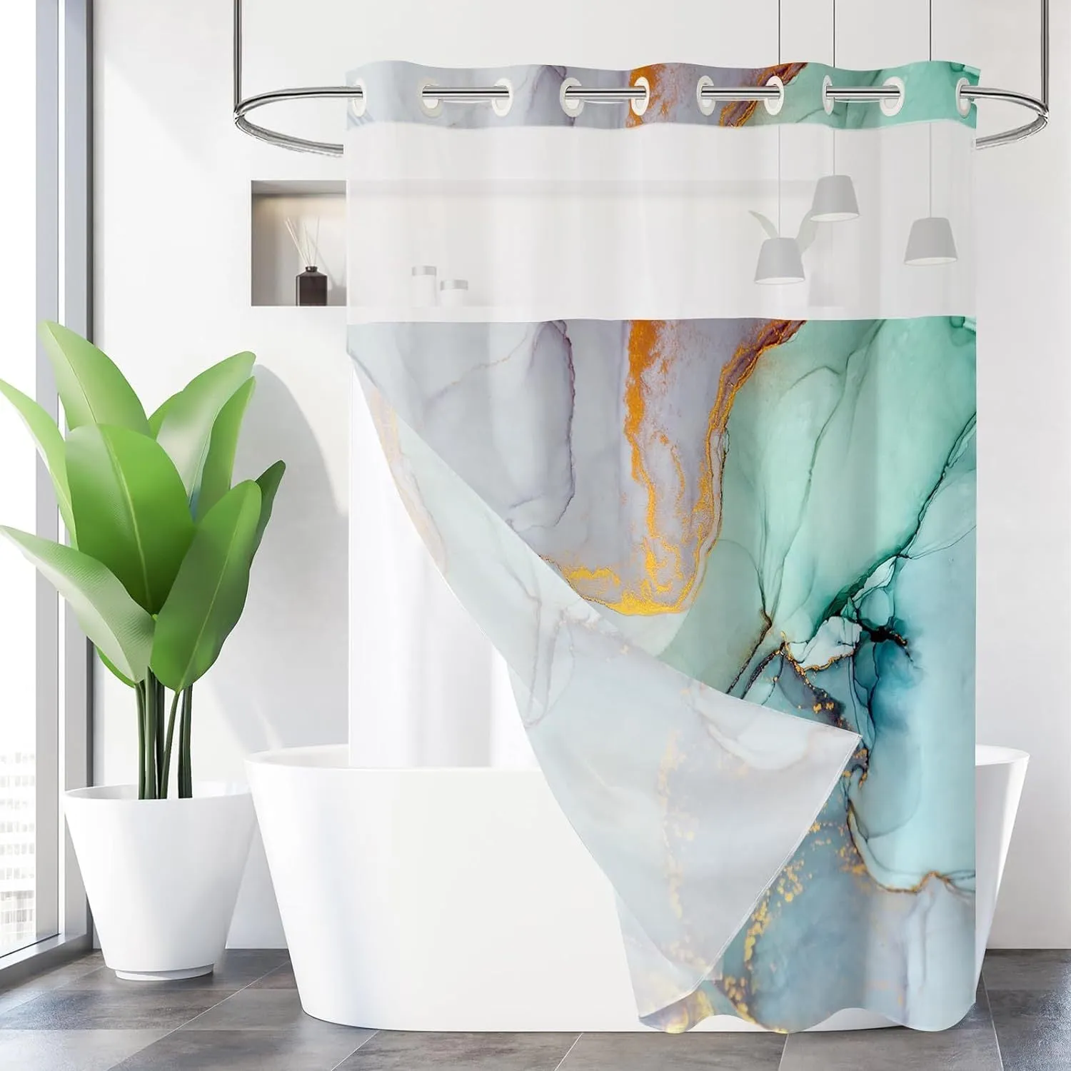 1pc No Hook Marble Shower Curtain with Snap-in Fabric Liner Set for Bathroom, Hotel Style Abstract Modern Shower Curtain with See Through Top Window, Waterproof & Washable