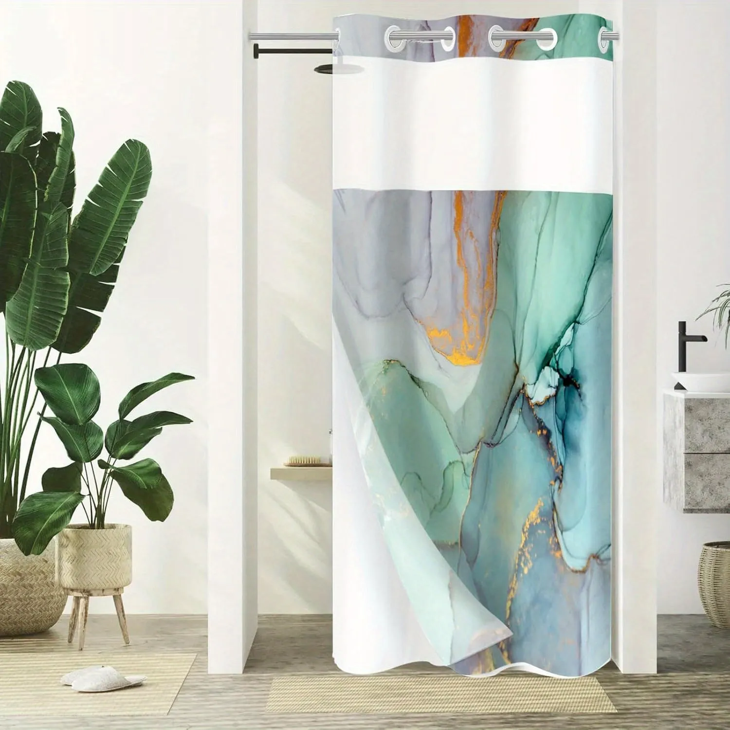 1pc No Hook Marble Shower Curtain with Snap-in Fabric Liner Set for Bathroom, Hotel Style Abstract Modern Shower Curtain with See Through Top Window, Waterproof & Washable