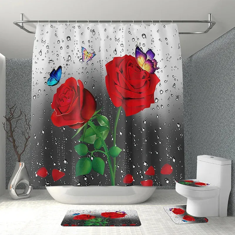 1PC Rose Flower Bathroom Curtain with 12 Hooks 3D Digital Printing Shower Curtain Fashion Polyester Waterproof Bathroom Decor