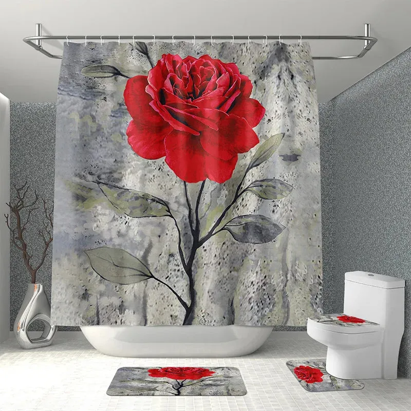 1PC Rose Flower Bathroom Curtain with 12 Hooks 3D Digital Printing Shower Curtain Fashion Polyester Waterproof Bathroom Decor