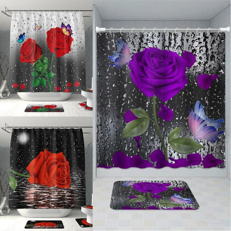 1PC Rose Flower Bathroom Curtain with 12 Hooks 3D Digital Printing Shower Curtain Fashion Polyester Waterproof Bathroom Decor