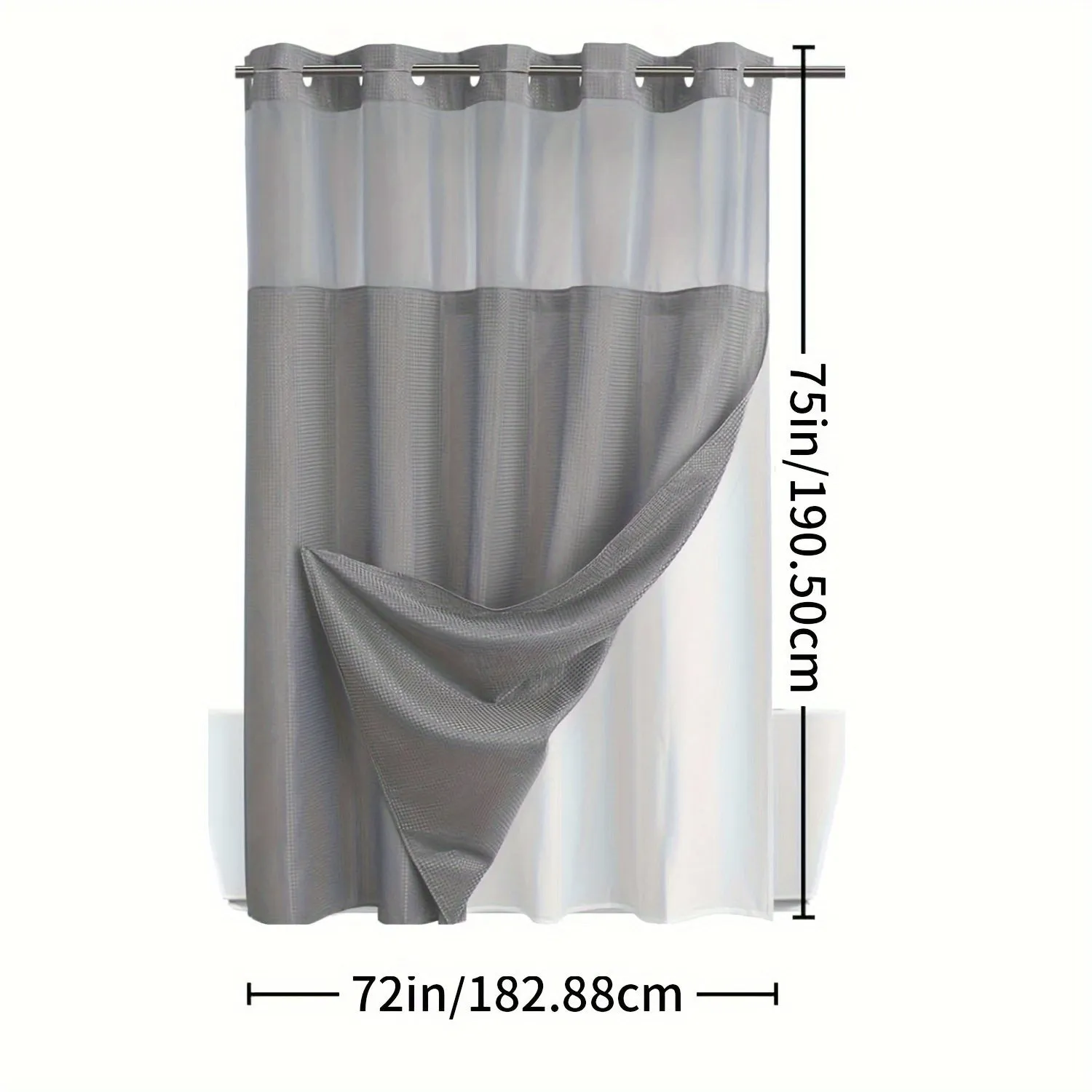 1PC Waffle Double Hookless Shower Hotel-Grade Fabric Shower with Snap-on Removable Lining, Waterproof, Grey, 72x75 Inches