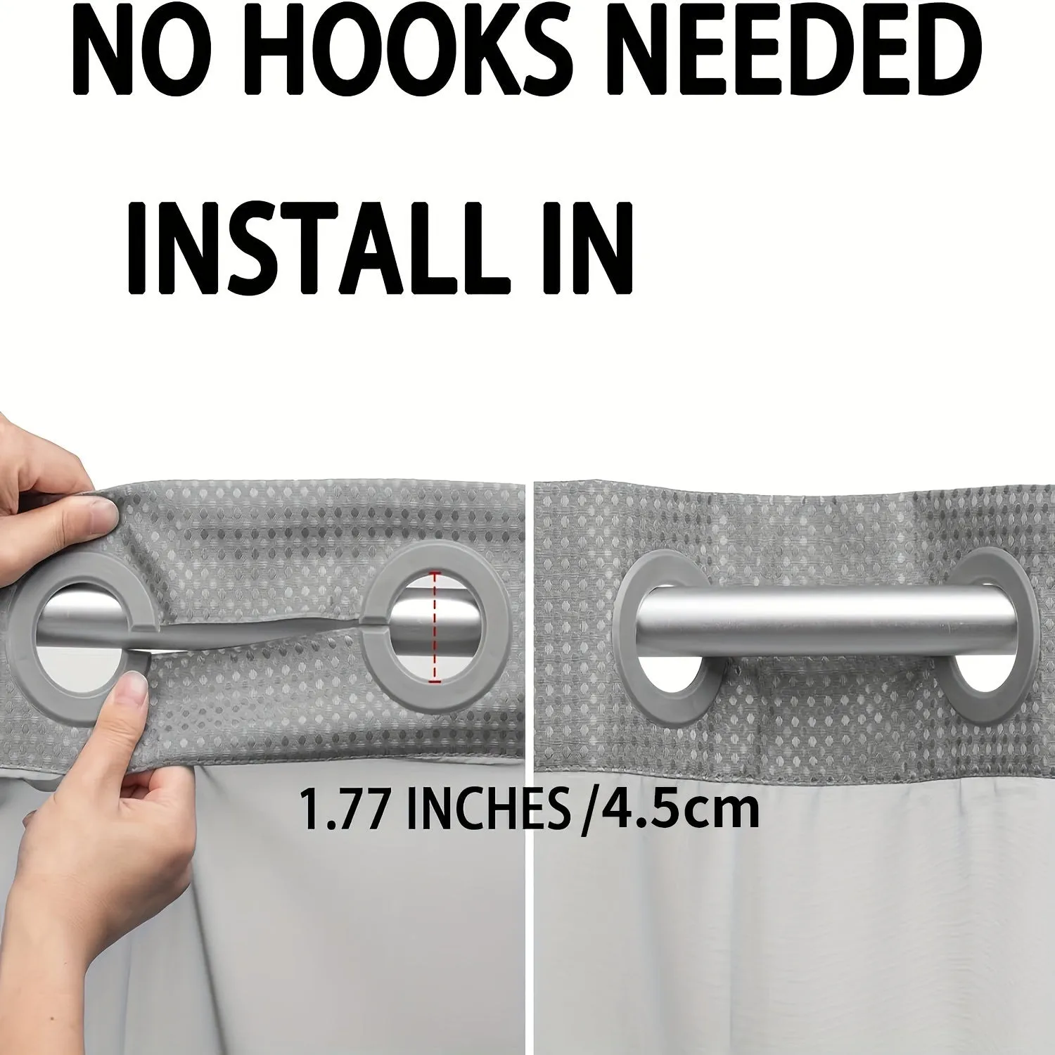 1PC Waffle Double Hookless Shower Hotel-Grade Fabric Shower with Snap-on Removable Lining, Waterproof, Grey, 72x75 Inches