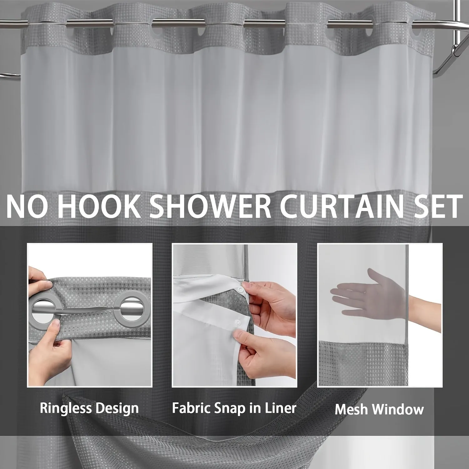 1PC Waffle Double Hookless Shower Hotel-Grade Fabric Shower with Snap-on Removable Lining, Waterproof, Grey, 72x75 Inches