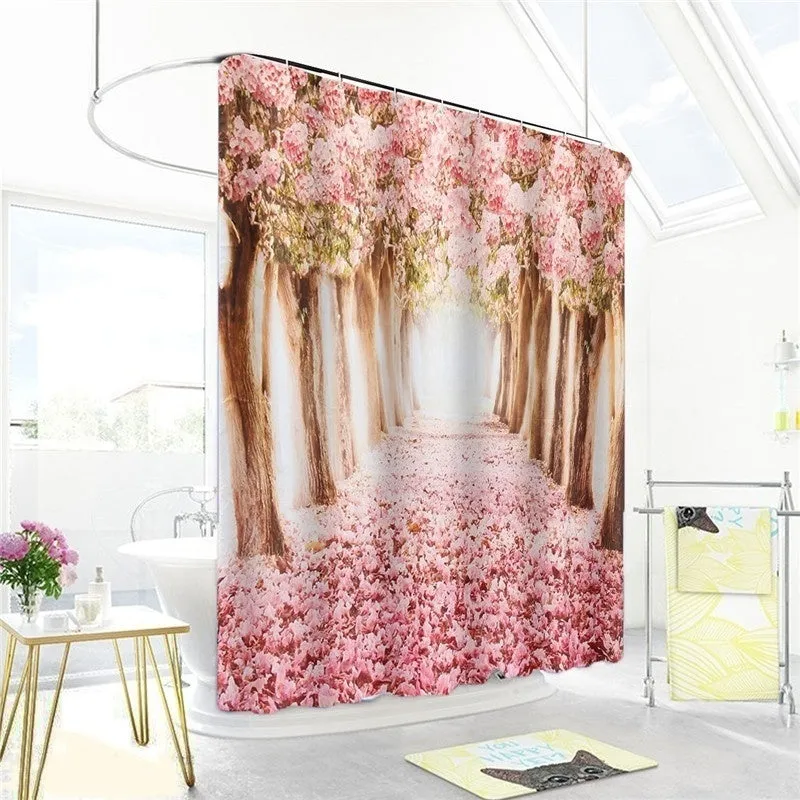 2020 New Style Europe Pink Sakura Tree Pattern Bathroom Four-piece Suit,Shower Curtain Bathroom Pedestal Rug Lid Toilet Cover Bath Mat Set