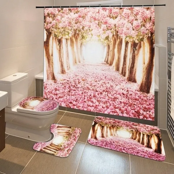 2020 New Style Europe Pink Sakura Tree Pattern Bathroom Four-piece Suit,Shower Curtain Bathroom Pedestal Rug Lid Toilet Cover Bath Mat Set