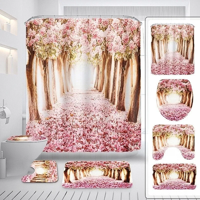 2020 New Style Europe Pink Sakura Tree Pattern Bathroom Four-piece Suit,Shower Curtain Bathroom Pedestal Rug Lid Toilet Cover Bath Mat Set