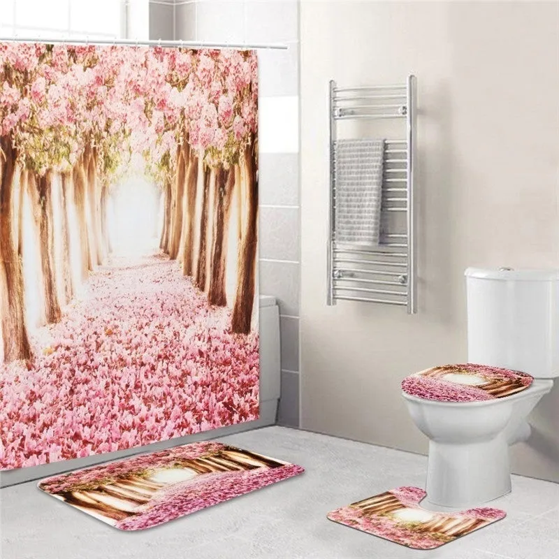 2020 New Style Europe Pink Sakura Tree Pattern Bathroom Four-piece Suit,Shower Curtain Bathroom Pedestal Rug Lid Toilet Cover Bath Mat Set