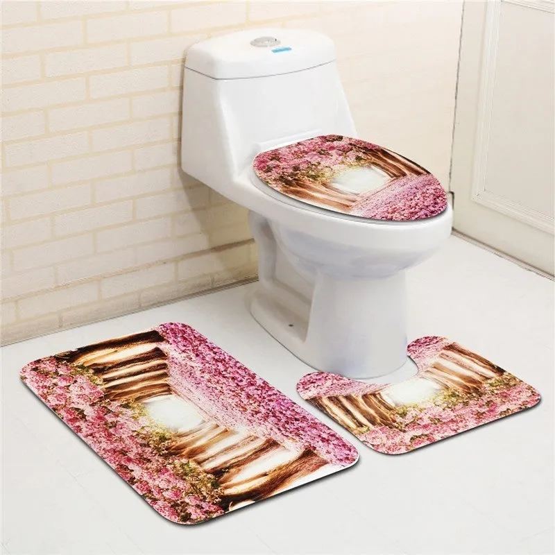 2020 New Style Europe Pink Sakura Tree Pattern Bathroom Four-piece Suit,Shower Curtain Bathroom Pedestal Rug Lid Toilet Cover Bath Mat Set