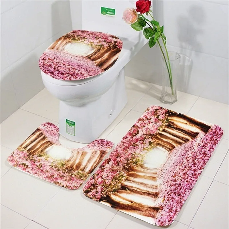 2020 New Style Europe Pink Sakura Tree Pattern Bathroom Four-piece Suit,Shower Curtain Bathroom Pedestal Rug Lid Toilet Cover Bath Mat Set