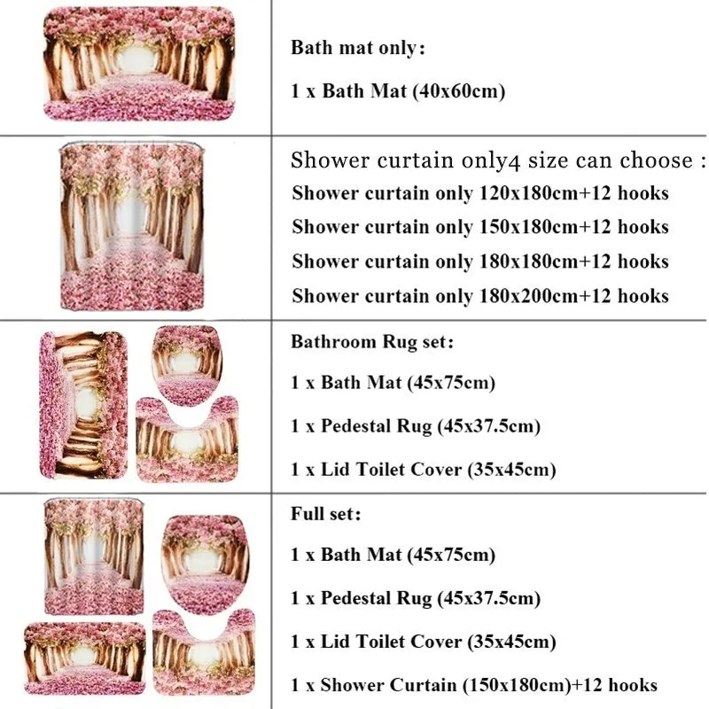 2020 New Style Europe Pink Sakura Tree Pattern Bathroom Four-piece Suit,Shower Curtain Bathroom Pedestal Rug Lid Toilet Cover Bath Mat Set