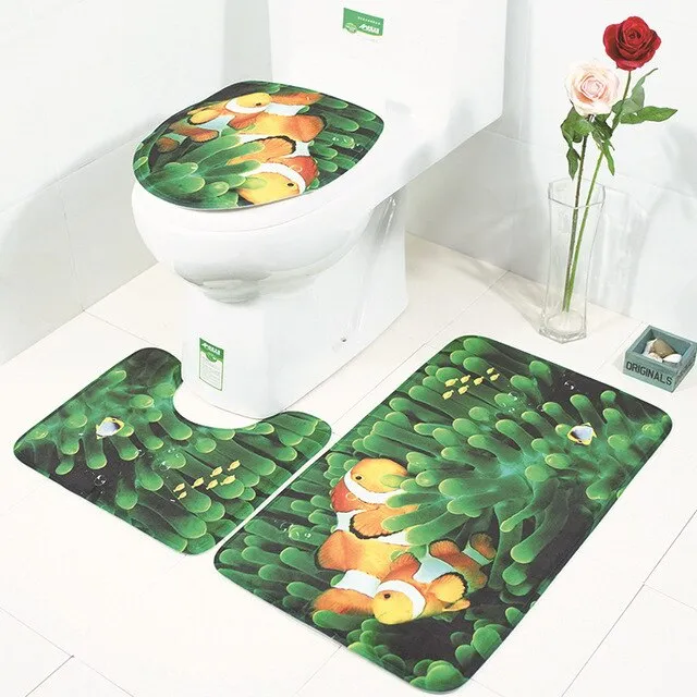 3Pcs/Set Scenic Printed Bathroom Bath Mat Set Toilet Carpet Flannel Non-Slip Rug Set Toilet Lid Cover Shower Room Rug Floor Mats