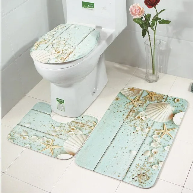 3Pcs/Set Scenic Printed Bathroom Bath Mat Set Toilet Carpet Flannel Non-Slip Rug Set Toilet Lid Cover Shower Room Rug Floor Mats