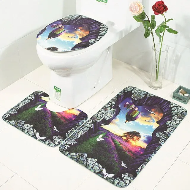 3Pcs/Set Scenic Printed Bathroom Bath Mat Set Toilet Carpet Flannel Non-Slip Rug Set Toilet Lid Cover Shower Room Rug Floor Mats