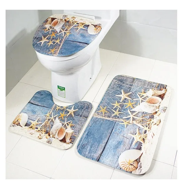 3Pcs/Set Scenic Printed Bathroom Bath Mat Set Toilet Carpet Flannel Non-Slip Rug Set Toilet Lid Cover Shower Room Rug Floor Mats