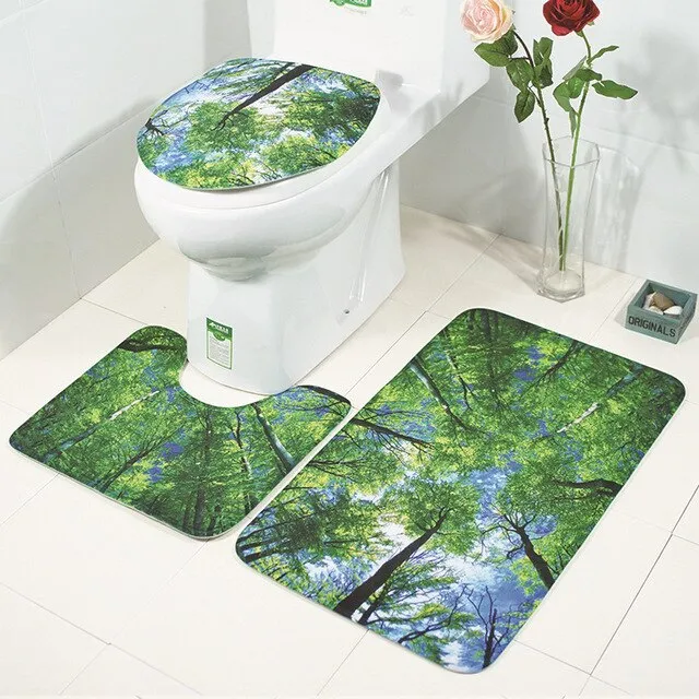 3Pcs/Set Scenic Printed Bathroom Bath Mat Set Toilet Carpet Flannel Non-Slip Rug Set Toilet Lid Cover Shower Room Rug Floor Mats