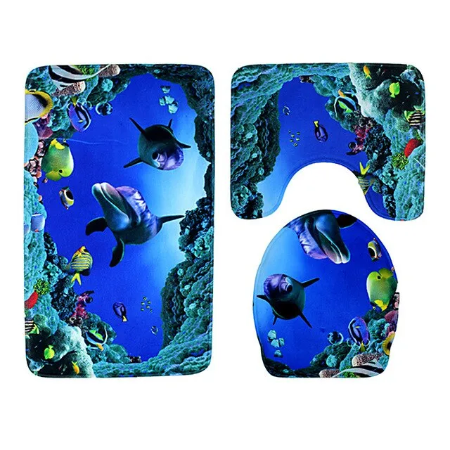 3Pcs/Set Scenic Printed Bathroom Bath Mat Set Toilet Carpet Flannel Non-Slip Rug Set Toilet Lid Cover Shower Room Rug Floor Mats