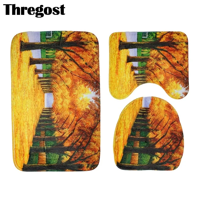 3Pcs/Set Scenic Printed Bathroom Bath Mat Set Toilet Carpet Flannel Non-Slip Rug Set Toilet Lid Cover Shower Room Rug Floor Mats