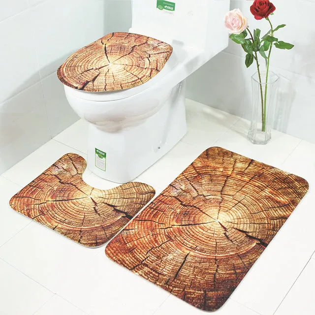 3Pcs/Set Scenic Printed Bathroom Bath Mat Set Toilet Carpet Flannel Non-Slip Rug Set Toilet Lid Cover Shower Room Rug Floor Mats