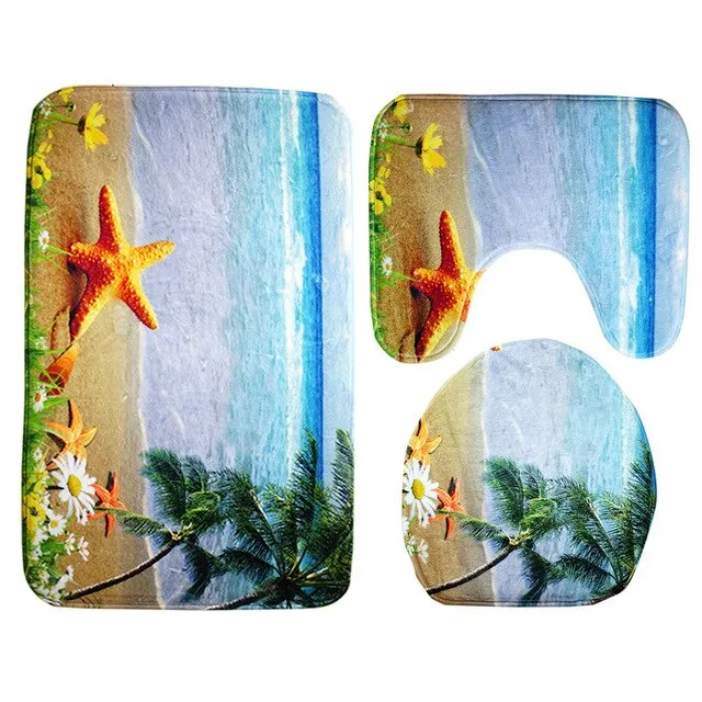 3Pcs/Set Scenic Printed Bathroom Bath Mat Set Toilet Carpet Flannel Non-Slip Rug Set Toilet Lid Cover Shower Room Rug Floor Mats