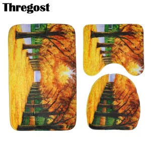 3Pcs/Set Scenic Printed Bathroom Bath Mat Set Toilet Carpet Flannel Non-Slip Rug Set Toilet Lid Cover Shower Room Rug Floor Mats