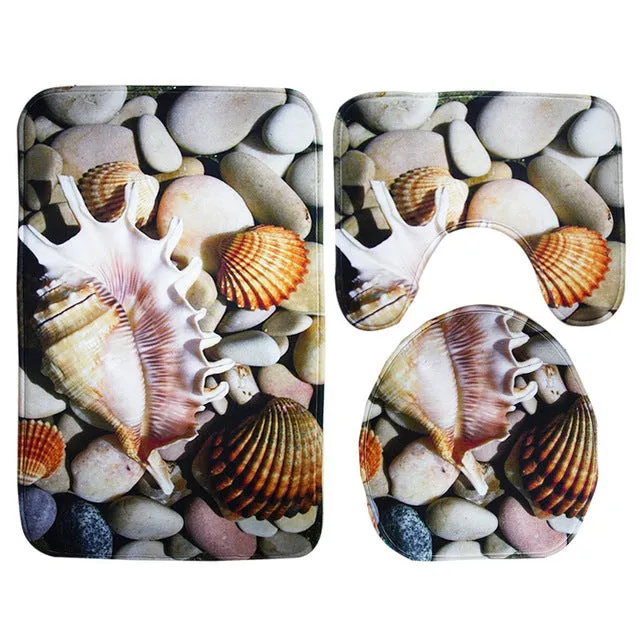 3Pcs/Set Scenic Printed Bathroom Bath Mat Set Toilet Carpet Flannel Non-Slip Rug Set Toilet Lid Cover Shower Room Rug Floor Mats