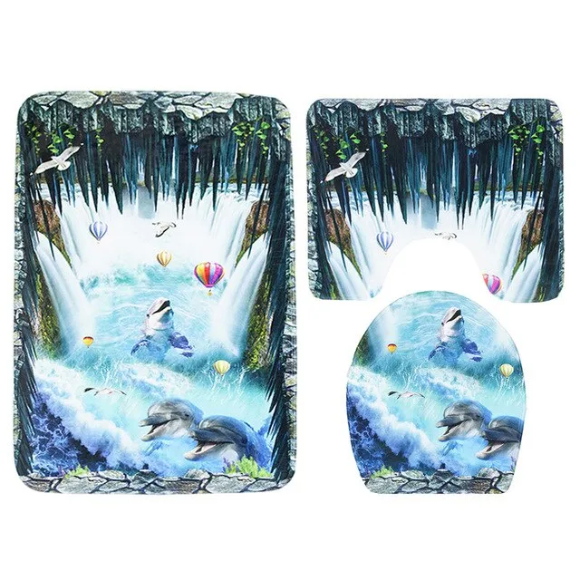 3Pcs/Set Scenic Printed Bathroom Bath Mat Set Toilet Carpet Flannel Non-Slip Rug Set Toilet Lid Cover Shower Room Rug Floor Mats