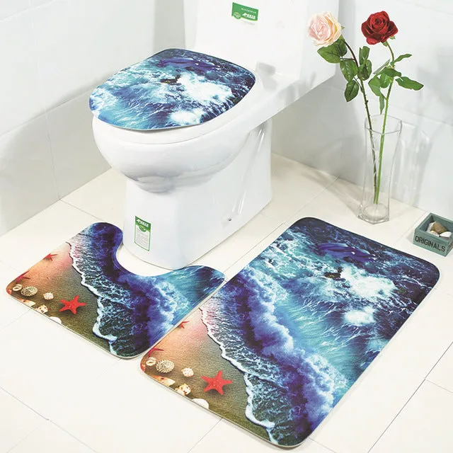 3Pcs/Set Scenic Printed Bathroom Bath Mat Set Toilet Carpet Flannel Non-Slip Rug Set Toilet Lid Cover Shower Room Rug Floor Mats