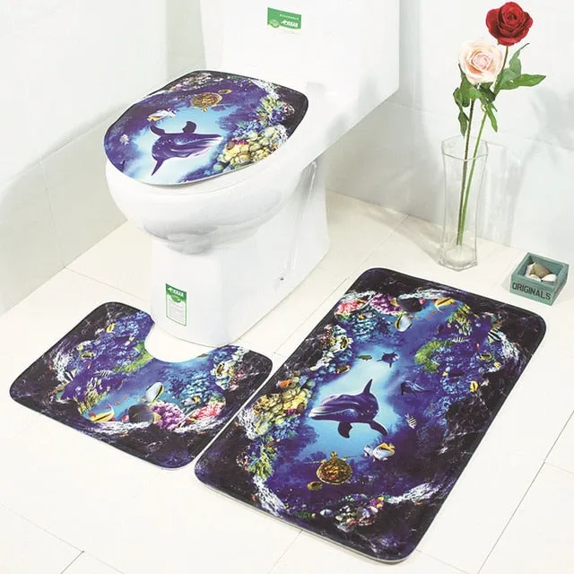 3Pcs/Set Scenic Printed Bathroom Bath Mat Set Toilet Carpet Flannel Non-Slip Rug Set Toilet Lid Cover Shower Room Rug Floor Mats