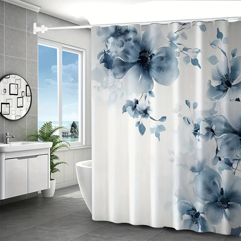 4 pcs blue and white digital printing polyester waterproof bath curtain perforpunching partition bathroom four-piece set