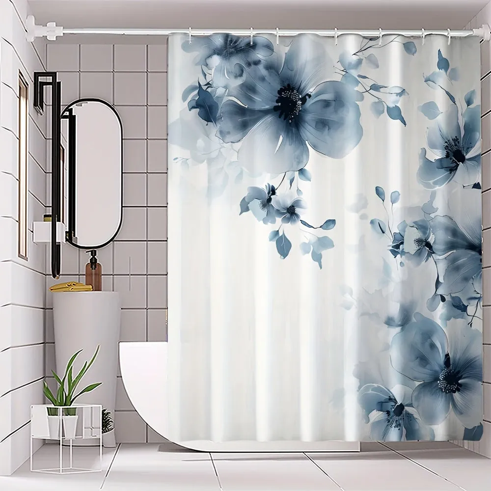 4 pcs blue and white digital printing polyester waterproof bath curtain perforpunching partition bathroom four-piece set