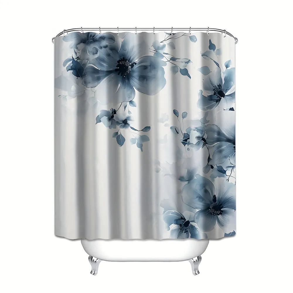 4 pcs blue and white digital printing polyester waterproof bath curtain perforpunching partition bathroom four-piece set