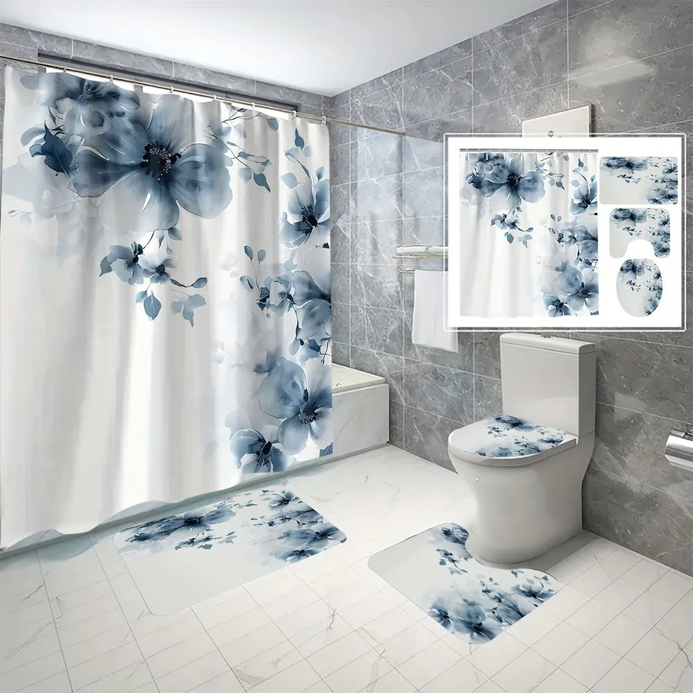 4 pcs blue and white digital printing polyester waterproof bath curtain perforpunching partition bathroom four-piece set