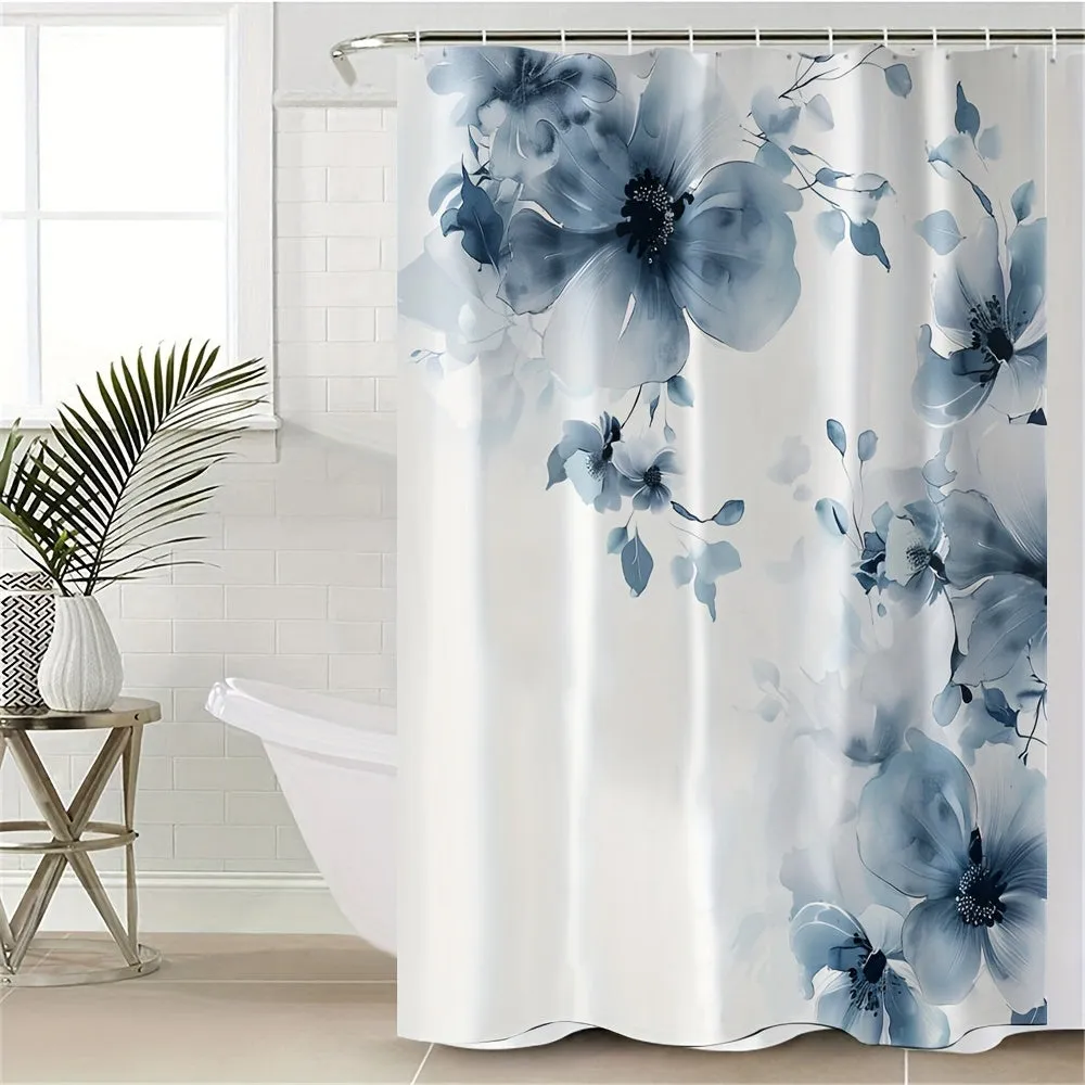 4 pcs blue and white digital printing polyester waterproof bath curtain perforpunching partition bathroom four-piece set