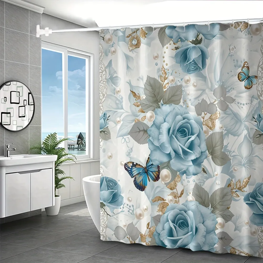 4 pcs blue and white flowers and butterfly digital printing polyester waterproof shower curtain no punching partition bathroom four-piece set