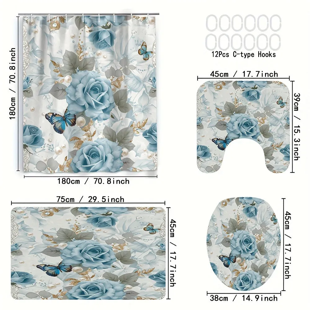 4 pcs blue and white flowers and butterfly digital printing polyester waterproof shower curtain no punching partition bathroom four-piece set