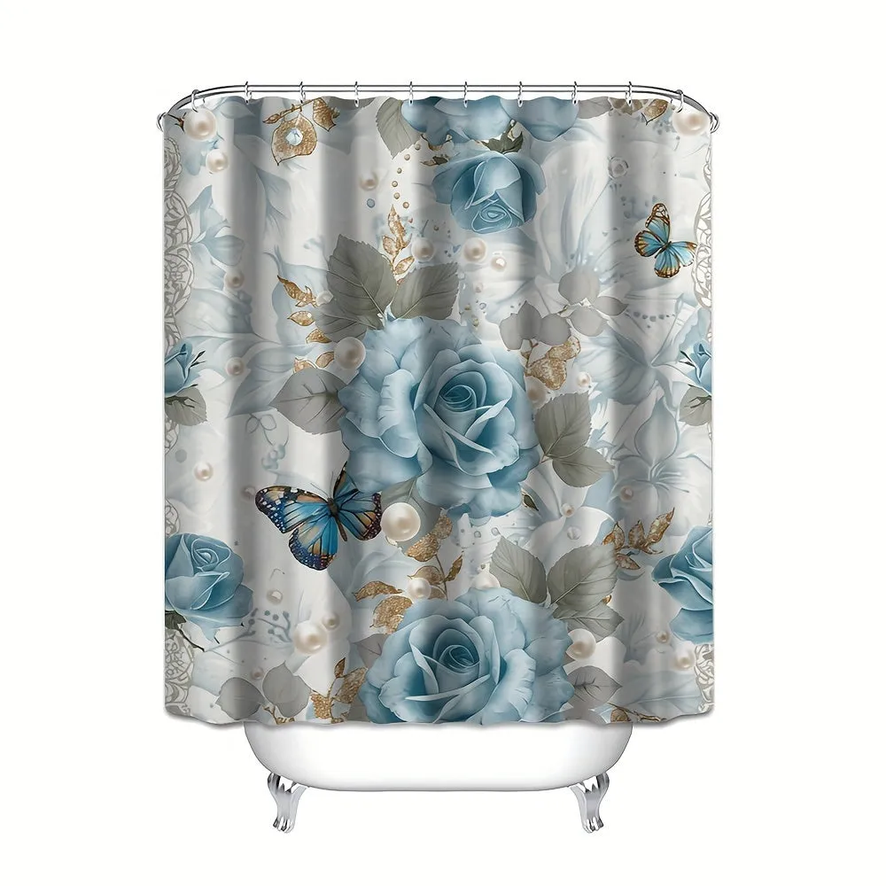 4 pcs blue and white flowers and butterfly digital printing polyester waterproof shower curtain no punching partition bathroom four-piece set