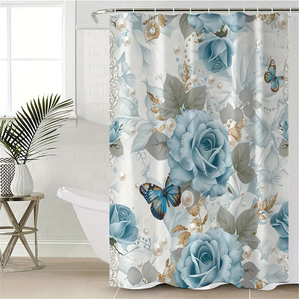 4 pcs blue and white flowers and butterfly digital printing polyester waterproof shower curtain no punching partition bathroom four-piece set