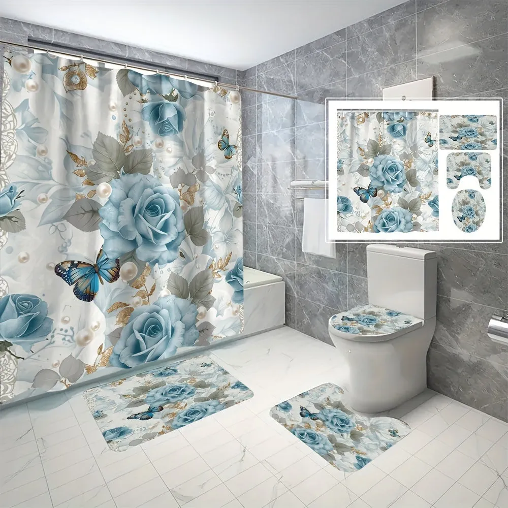 4 pcs blue and white flowers and butterfly digital printing polyester waterproof shower curtain no punching partition bathroom four-piece set