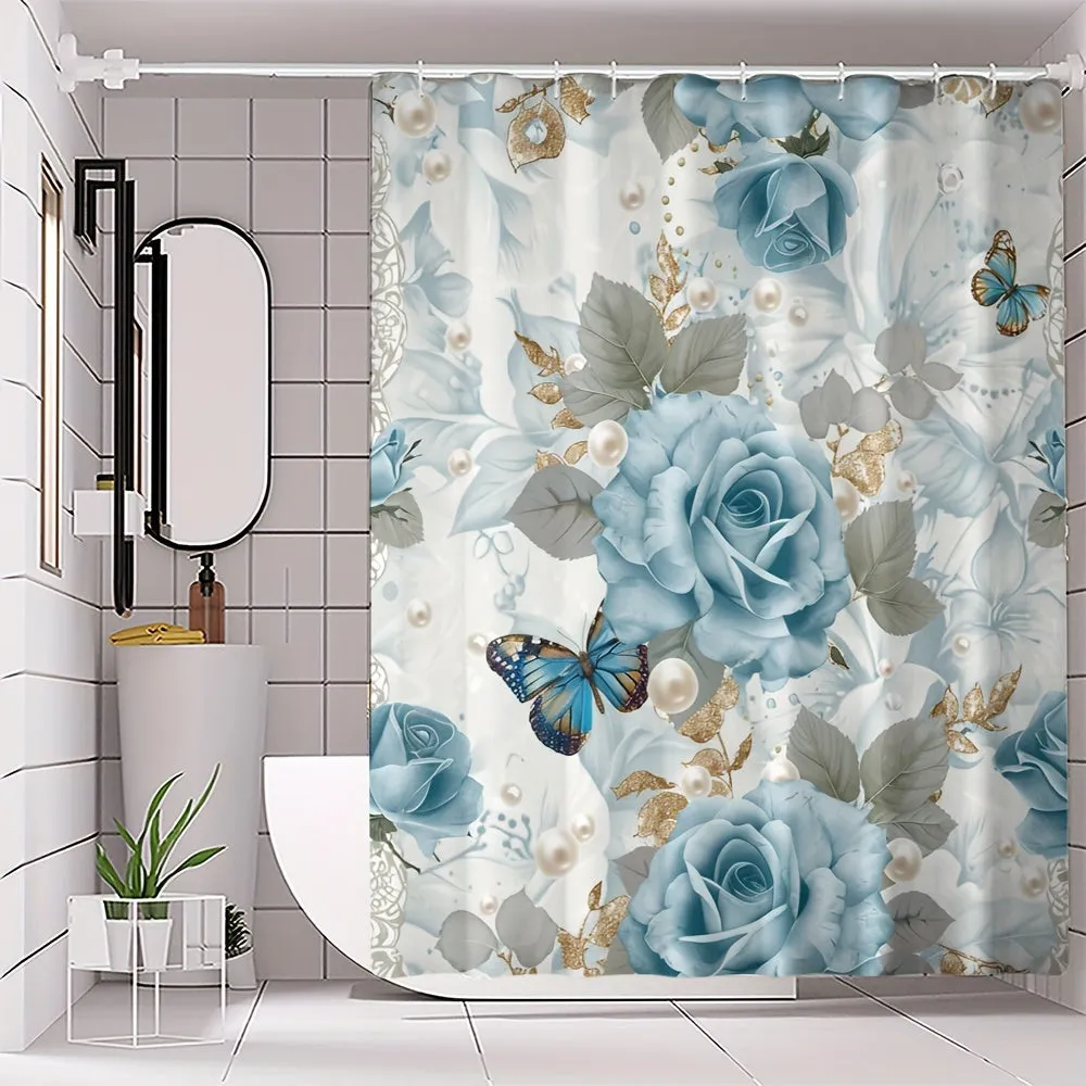 4 pcs blue and white flowers and butterfly digital printing polyester waterproof shower curtain no punching partition bathroom four-piece set