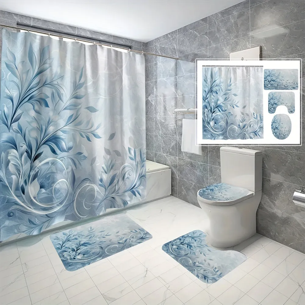 4 pcs blue grass digital printing polyester waterproof bath curtain non-punching partition bathroom bathroom four-piece set