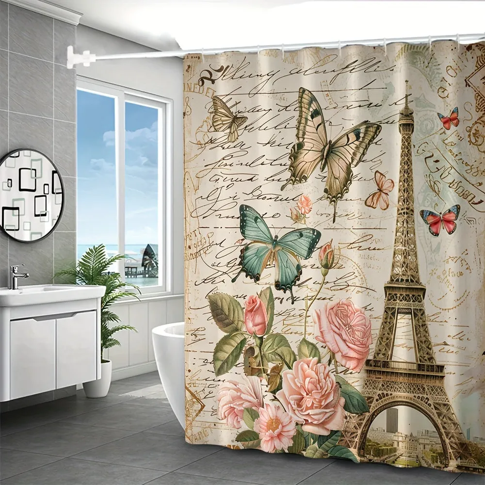 4 pcs butterfly tower digital printed polyester waterproof bath curtain non-punching partition bathroom four-piece set