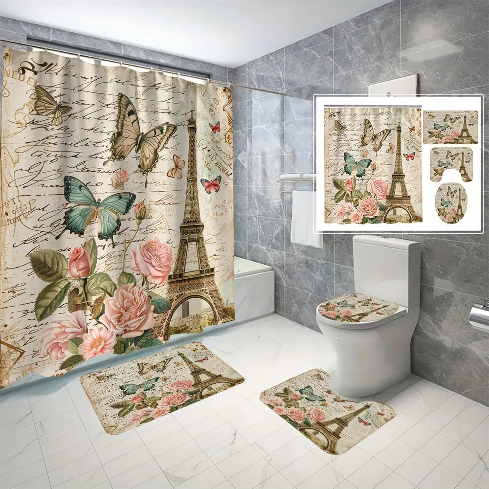 4 pcs butterfly tower digital printed polyester waterproof bath curtain non-punching partition bathroom four-piece set